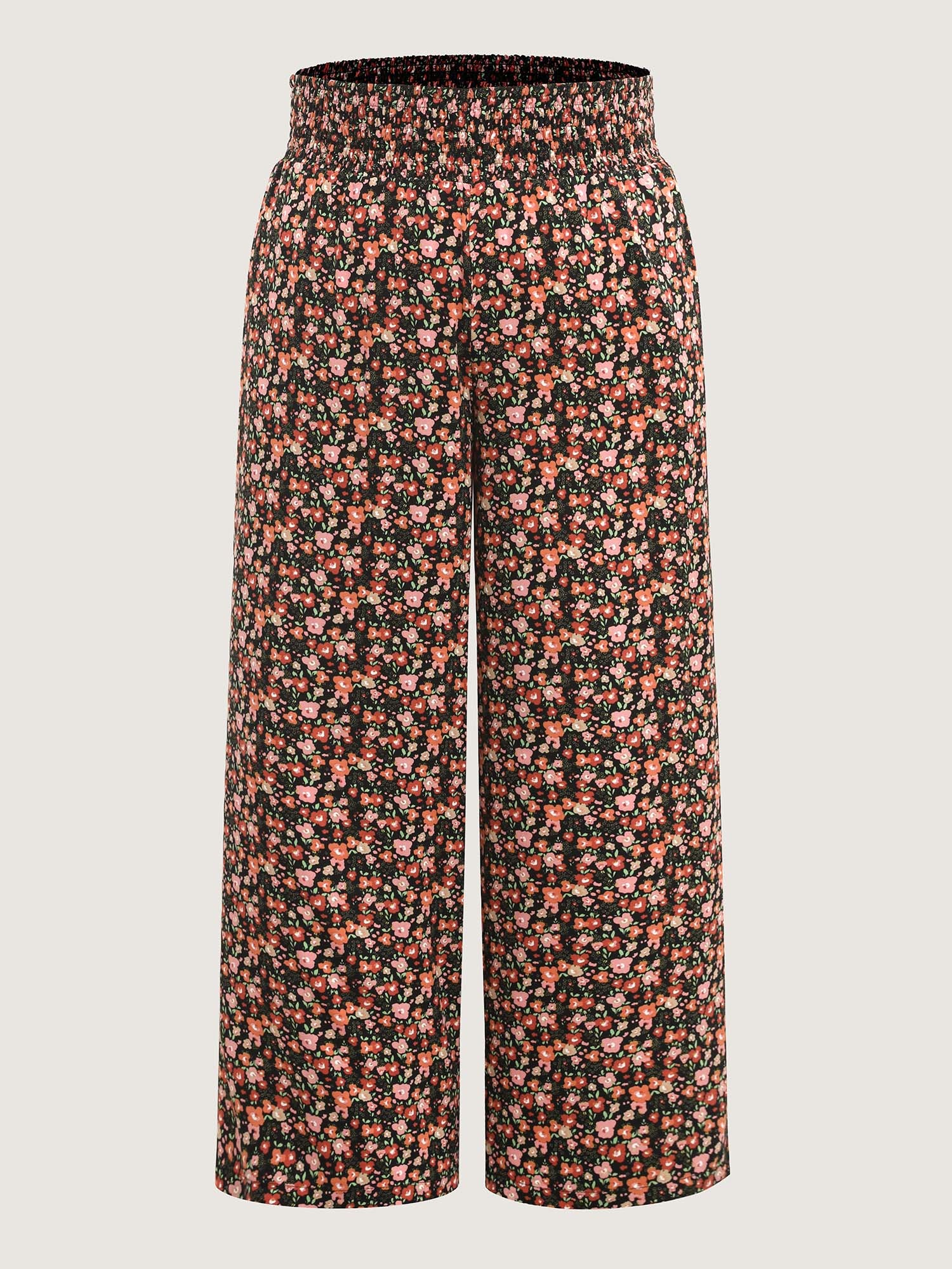 Shirred Waist Ditsy Floral Wide-Leg Pants