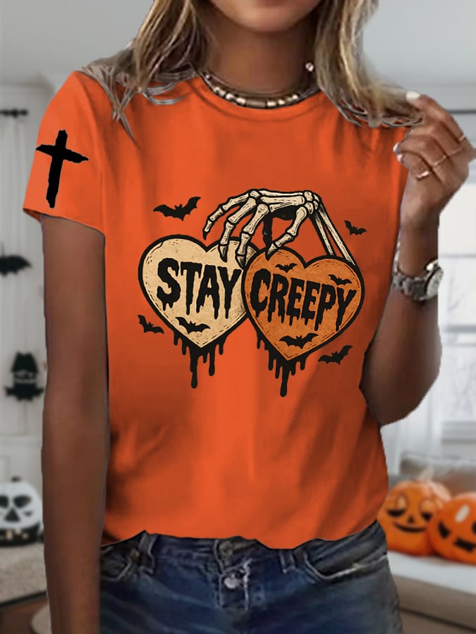 🔥Buy 3 Get 10% Off🔥Women'S Halloween Stay Creepy Print Short Sleeve T-Shirt