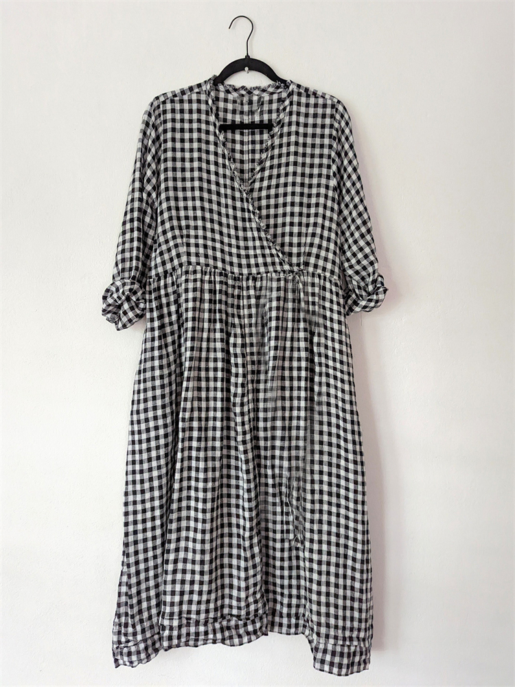 Check Pleated Frayed Hem Wrap Maxi Dress