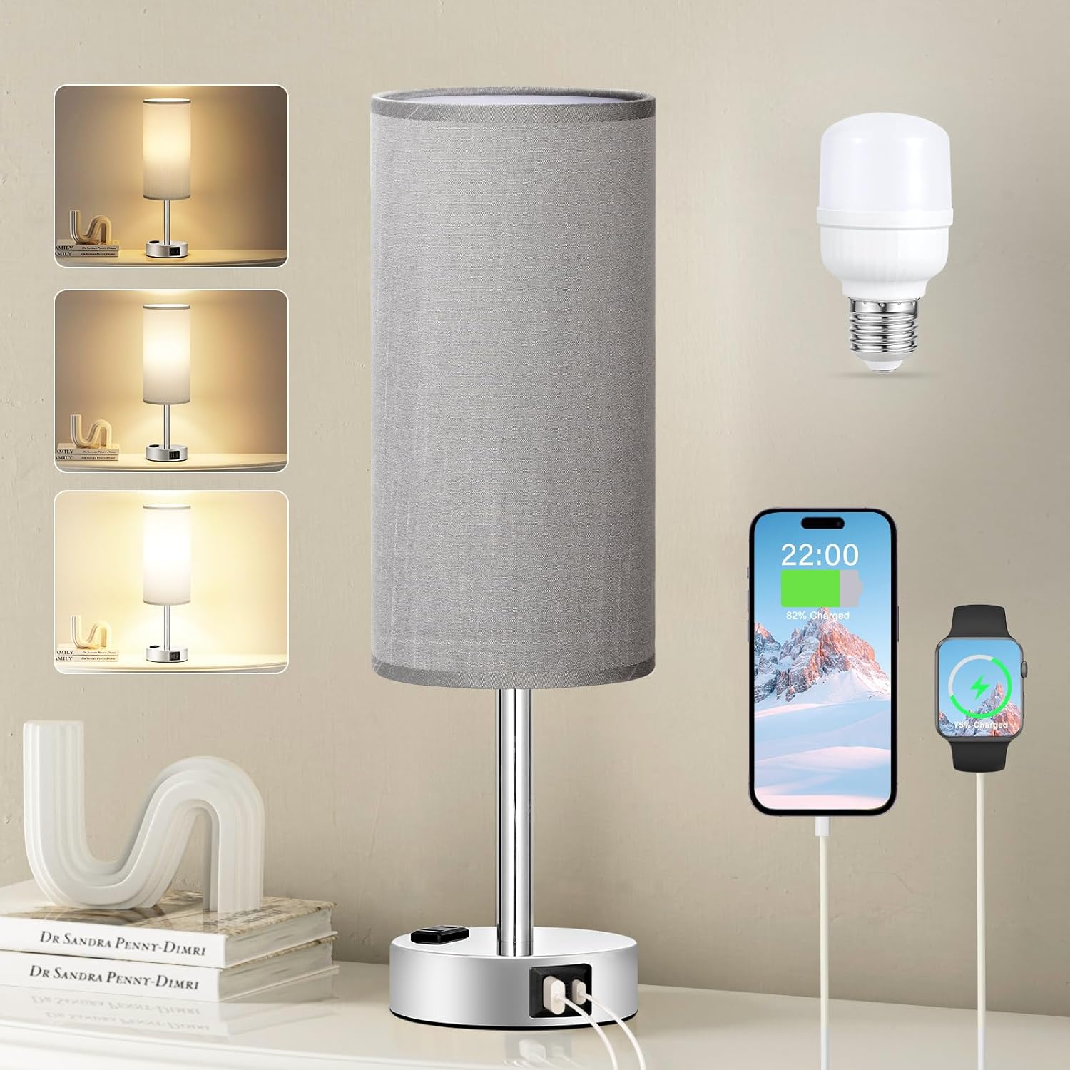 Bedside Table Lamp for Bedroom - 3 Way Dimmable Touch Lamp USB C Charging Ports and AC Outlet, Small Lamp Wood Base Round Flaxen Fabric Shade for Living Room, Desk, LED Bulb Included