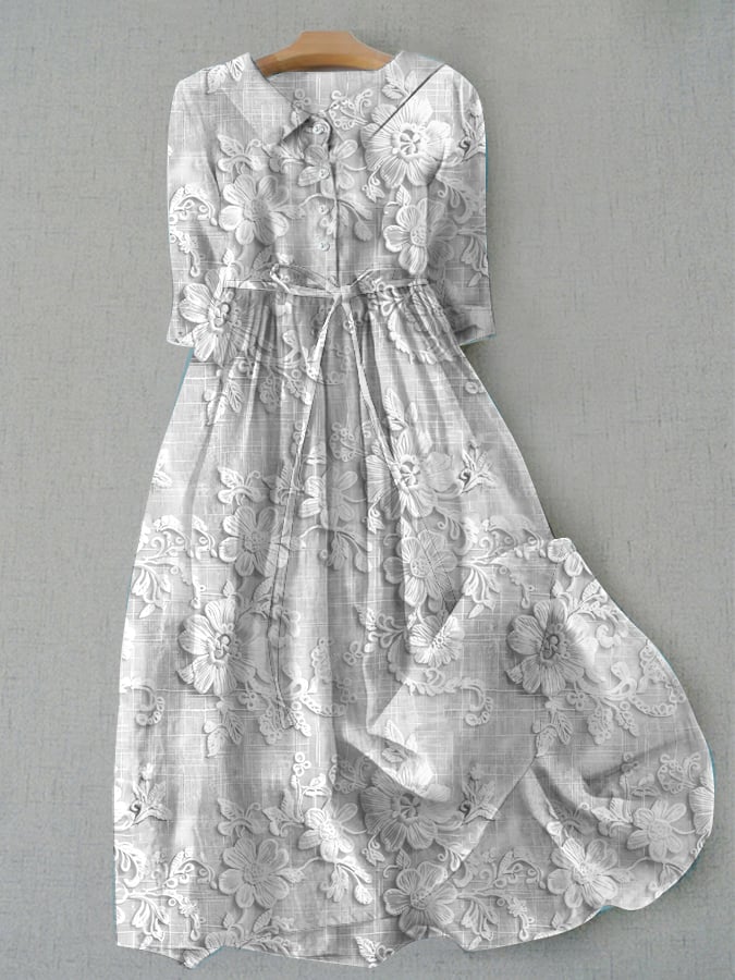 Women's Casual Floral Embroidery Print Lace-Up Dress