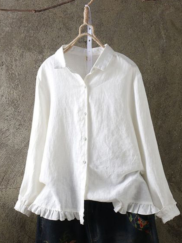 Vintage Plain Shirt Collar Button Down Long Sleeve Blouse