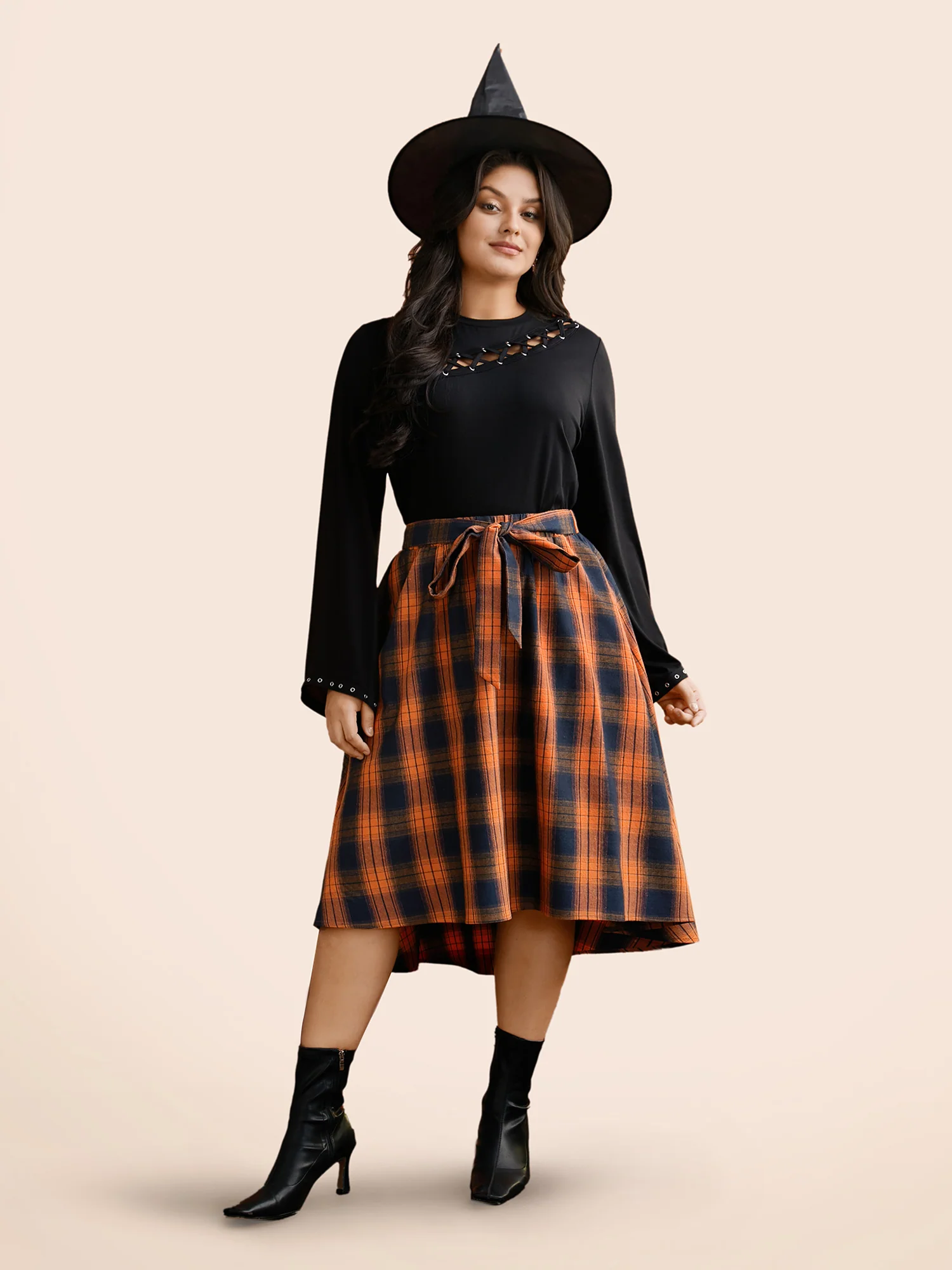 Plaid Waist Tie A-Line Skirt