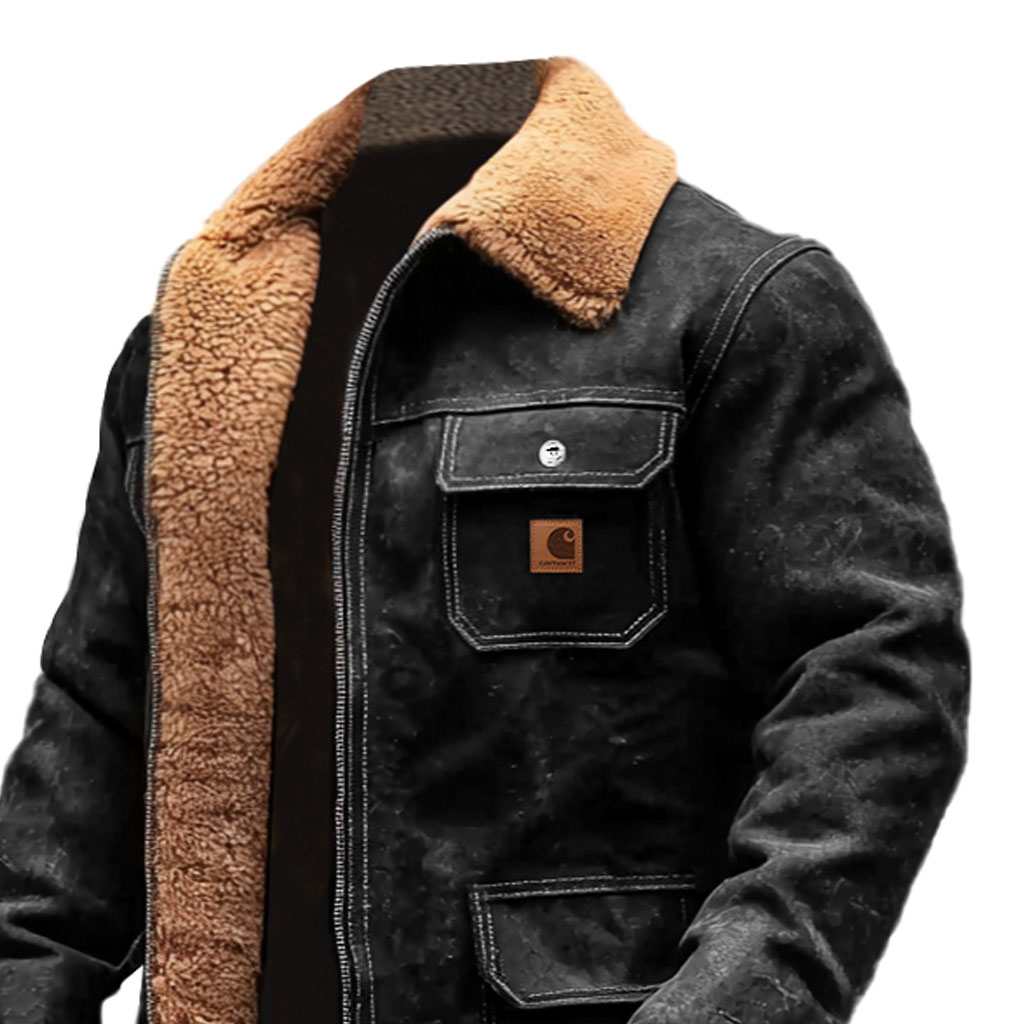 Men's Vintage Black Suede Multi-Pocket Mid-Length Lapel Jacket Shearling Coat