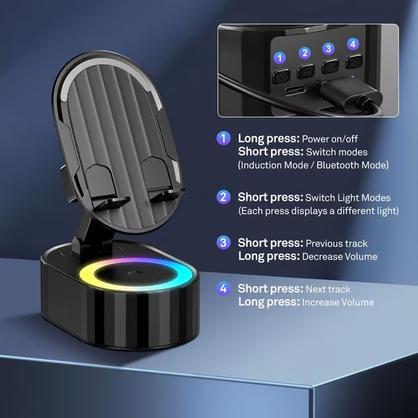 💥LAST DAY SALE 50% OFF🔥2024Upgraded Cell Phone Stand with Induction Speaker/Power Bank/Atmosphere Light（Functionality 5 in 1）
