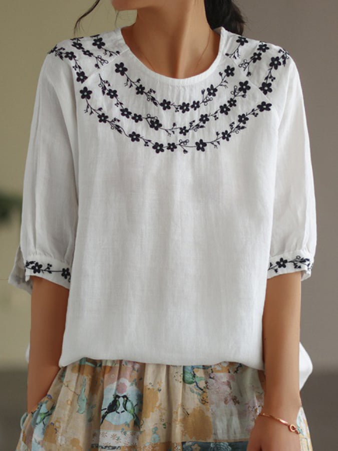 Women's Vintage Embroidered Floral Round Neck Casual Cotton And Linen Shirt