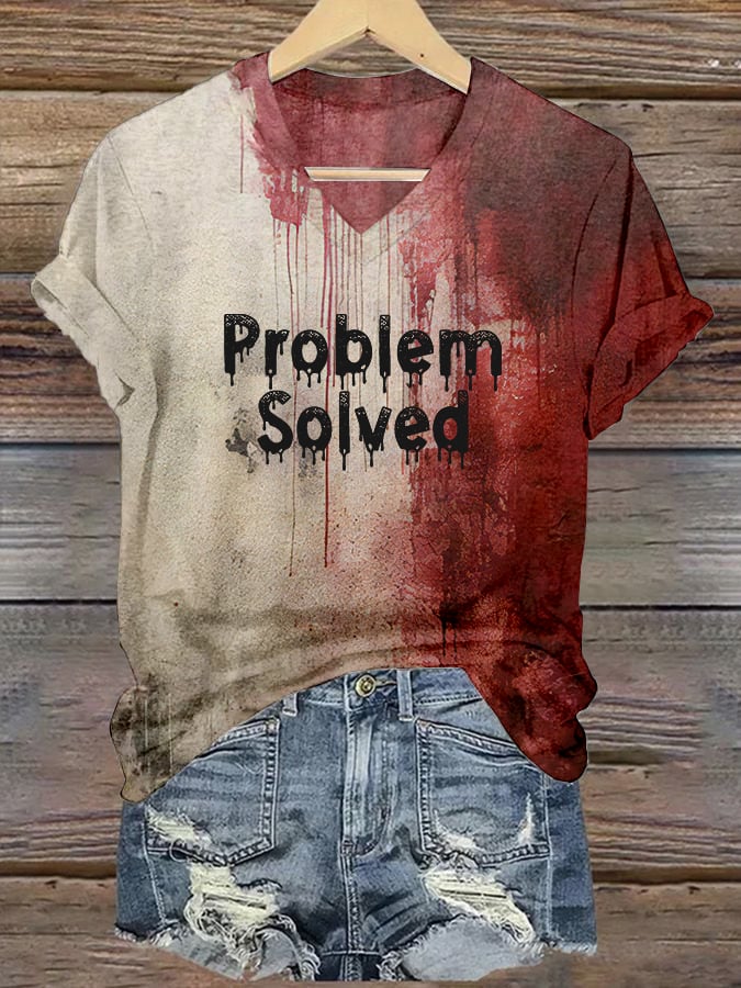 🔥Buy 3 Get 10% Off🔥Women's Bloody Problem Solved Halloween Print V-Neck T-Shirt