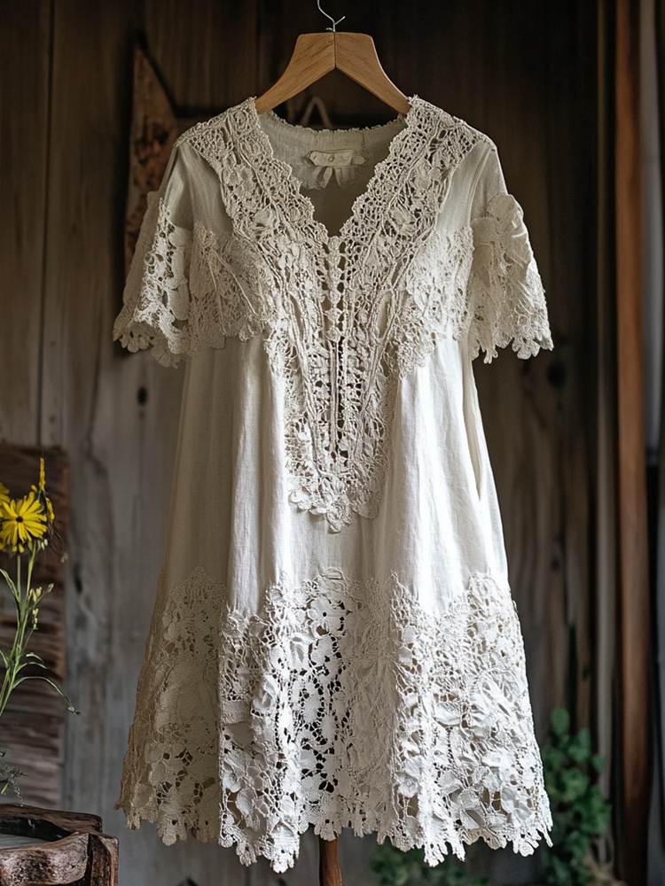Women's Lace Floral Embroidery Art Midi Dress