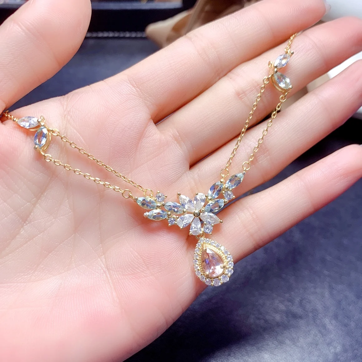 925 Sterling Silver Natural Morgan Stone Aquamarine Necklace Jewelry Pure Beauty Women's luxury Jewelry Certified boutique