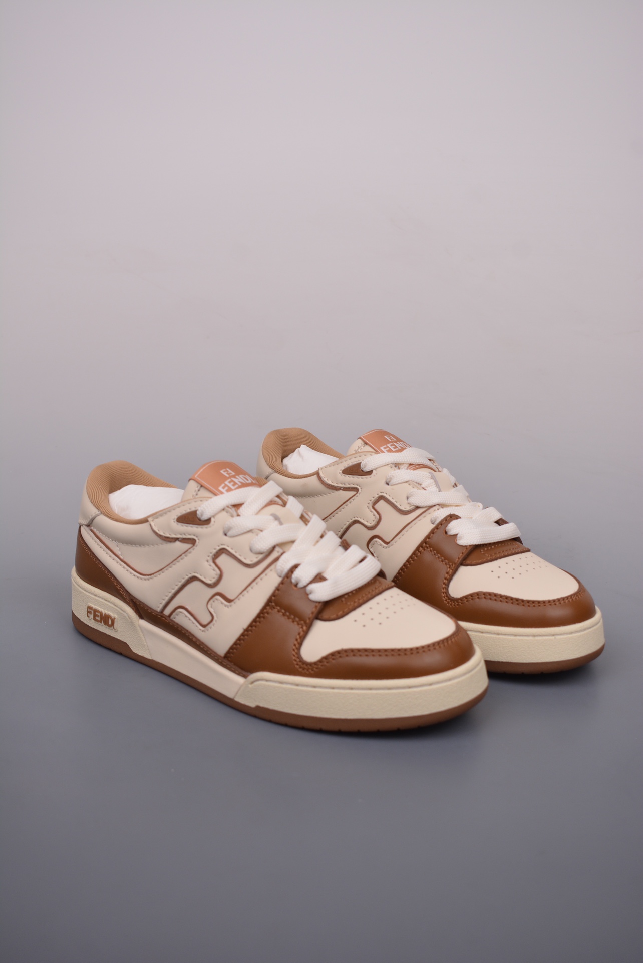 Fendi Match Sneaker Low Velcro Leather Brown Beige 7E1643AOMNF1NJ1