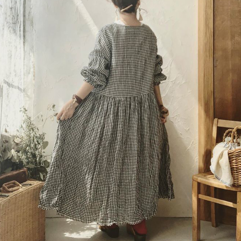 Vintage Checkered Long Sleeve Cotton Linen Midi Dresses