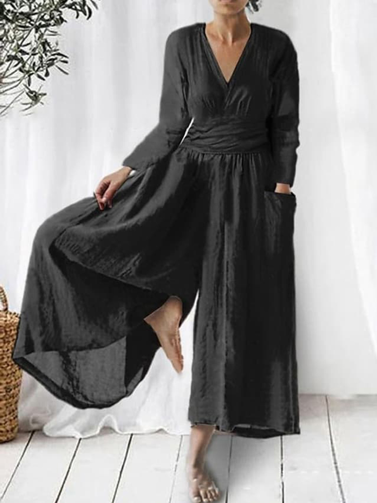 Elegant V Neck Wide Leg Flowy Jumpsuit