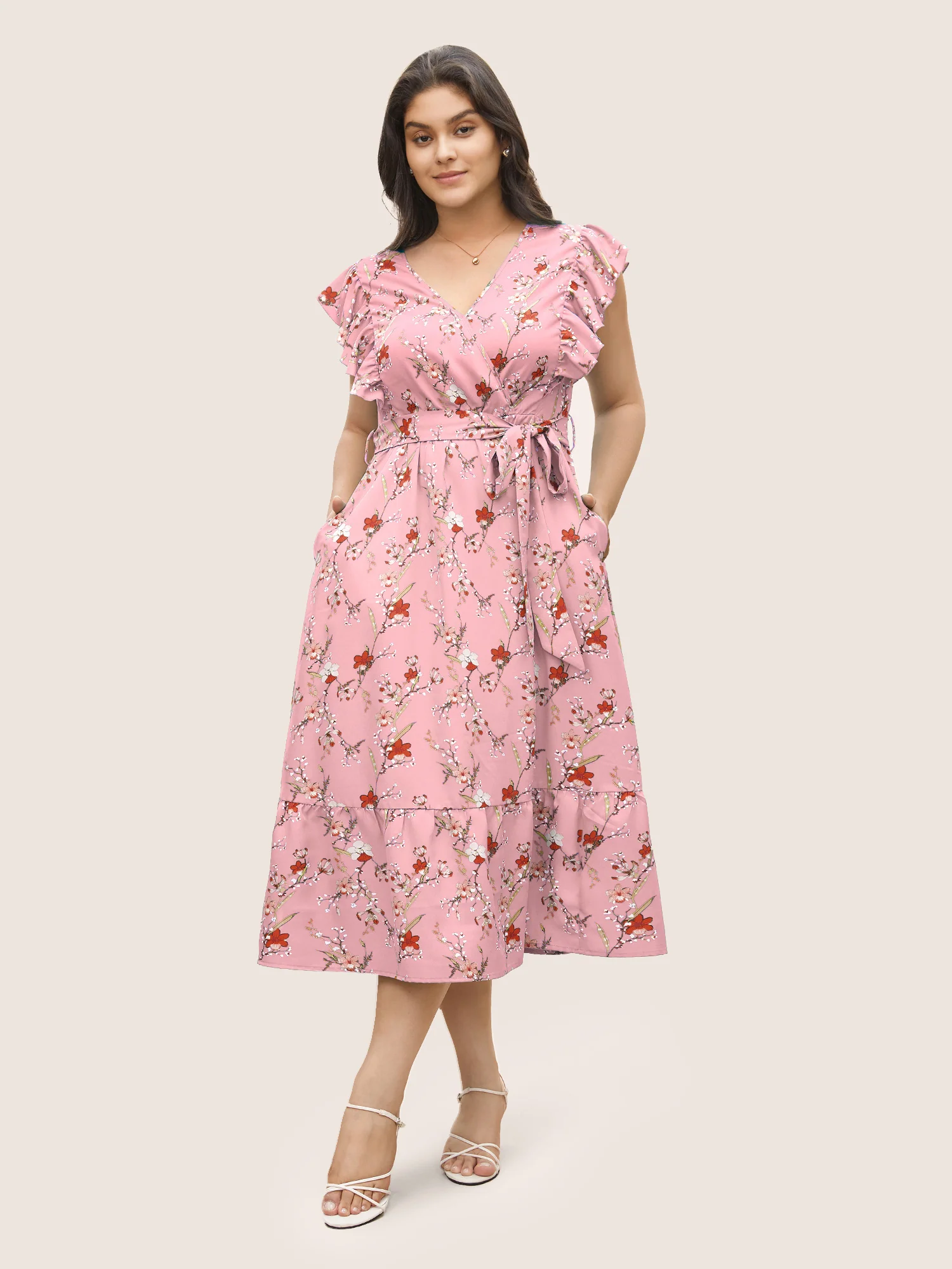 Ditsy Floral Flutter Trim Pocket Layered Hem Dress