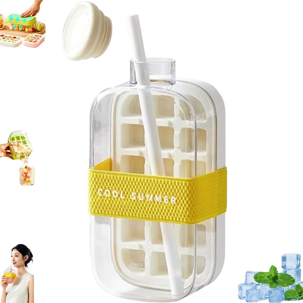 2-in-1 Ice Cube Water Bottle - Freeze & Sip with Touch-Free Release with Lid, Straw & Ice Bin