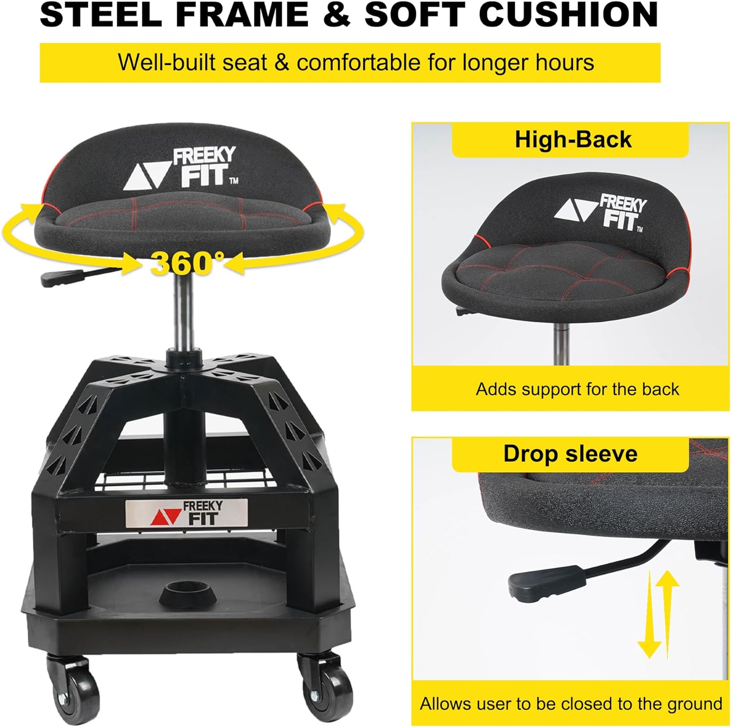 FreekyFit Rolling Shop Stool for Garage with Casters 330 LBS Capacity Padded Mechanic Stool