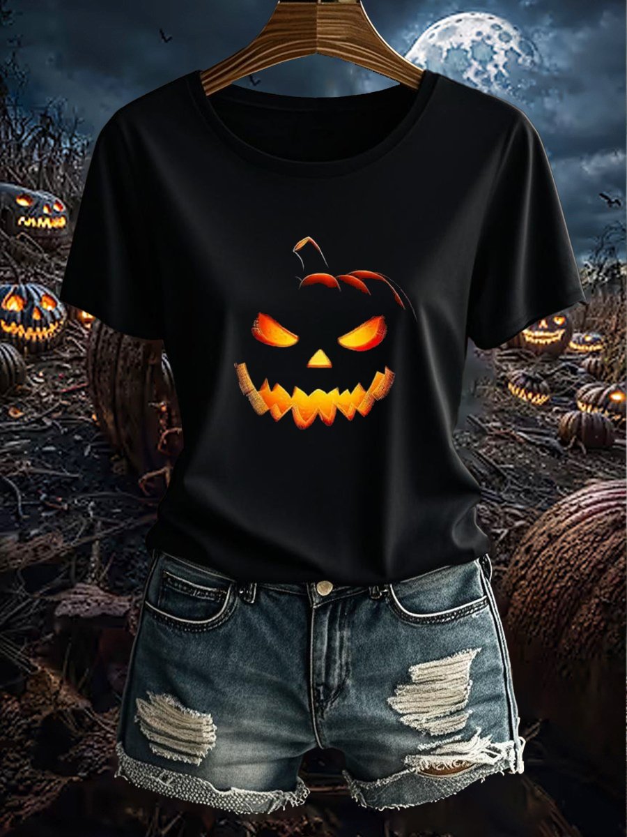 🔥Buy 3 Get 10% Off🔥Women's Halloween Evil Pumpkin Luminous Material Printed Casual T-shirt