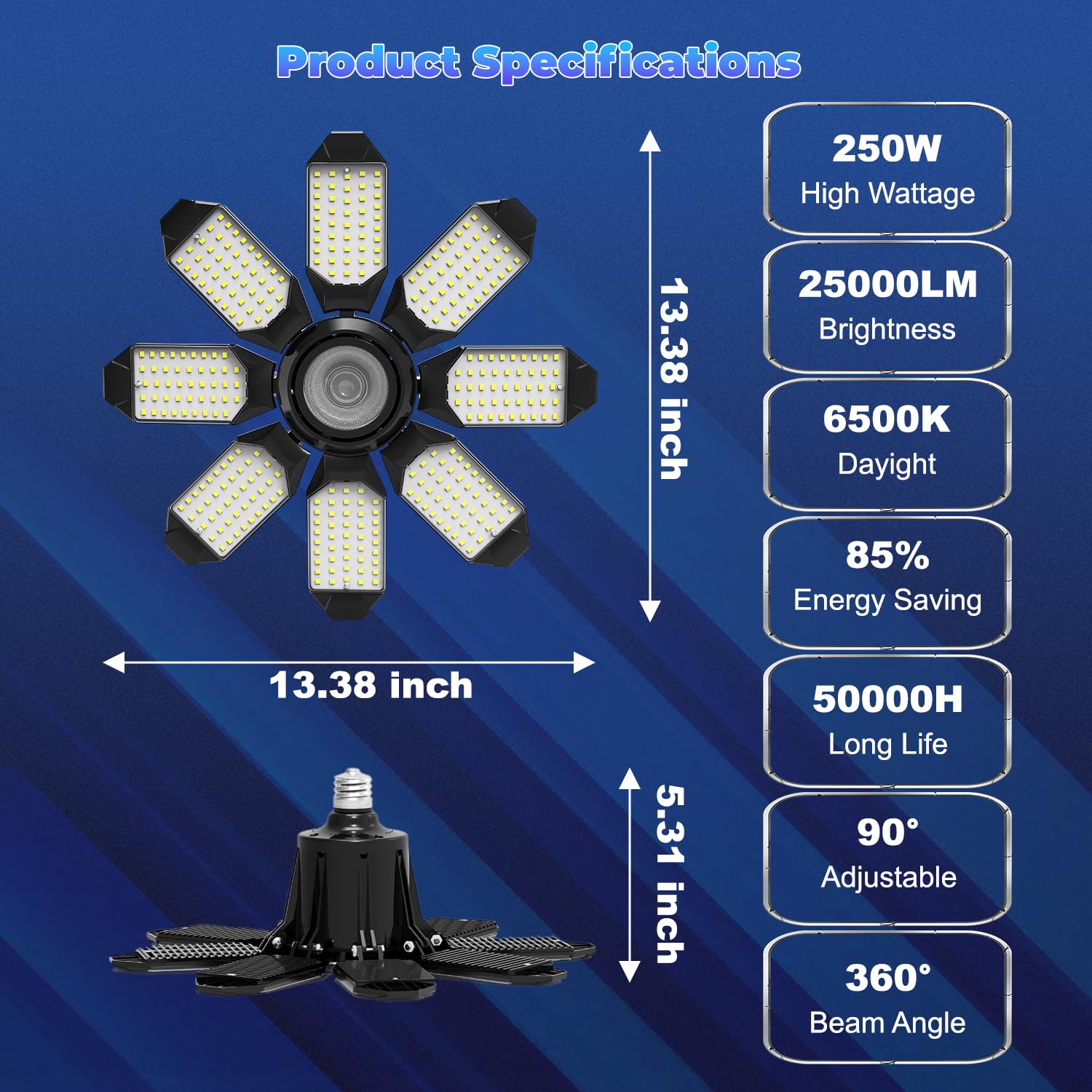 250W 25000LM Garage LED Light with 8+1 Panels, Garage LED Ceiling Lights 6500K Daylight, Deformable E26/E27 Screw in Garage Light for Shop Warehouse Basement Attic
