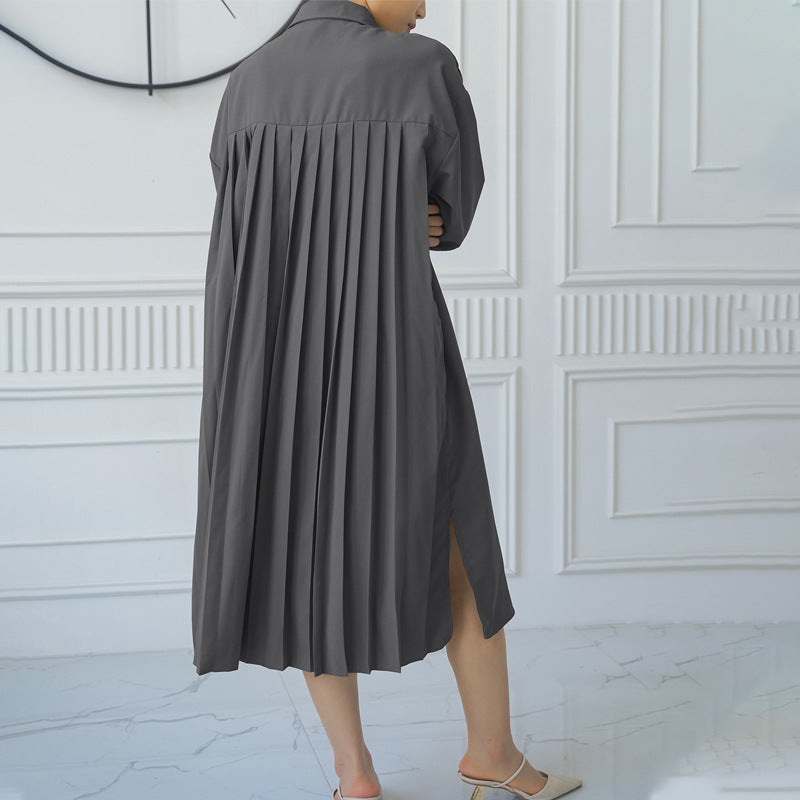 Spring Autumn Loose Overknee Dress Women Casual Large Version Back Pleated Long Shirt Dress