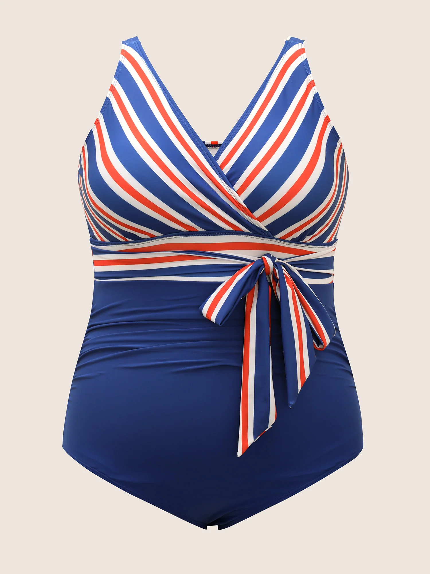 Overlap Collar Contrast Striped Tie knot One Piece Swimsuit