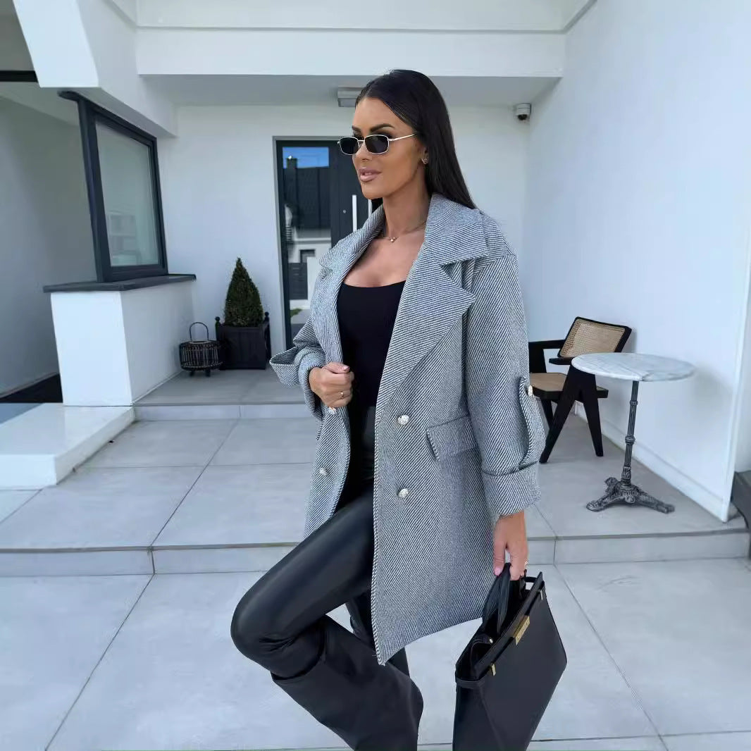 Fashionable H-Shaped Woolen Coat with Suit Collar
