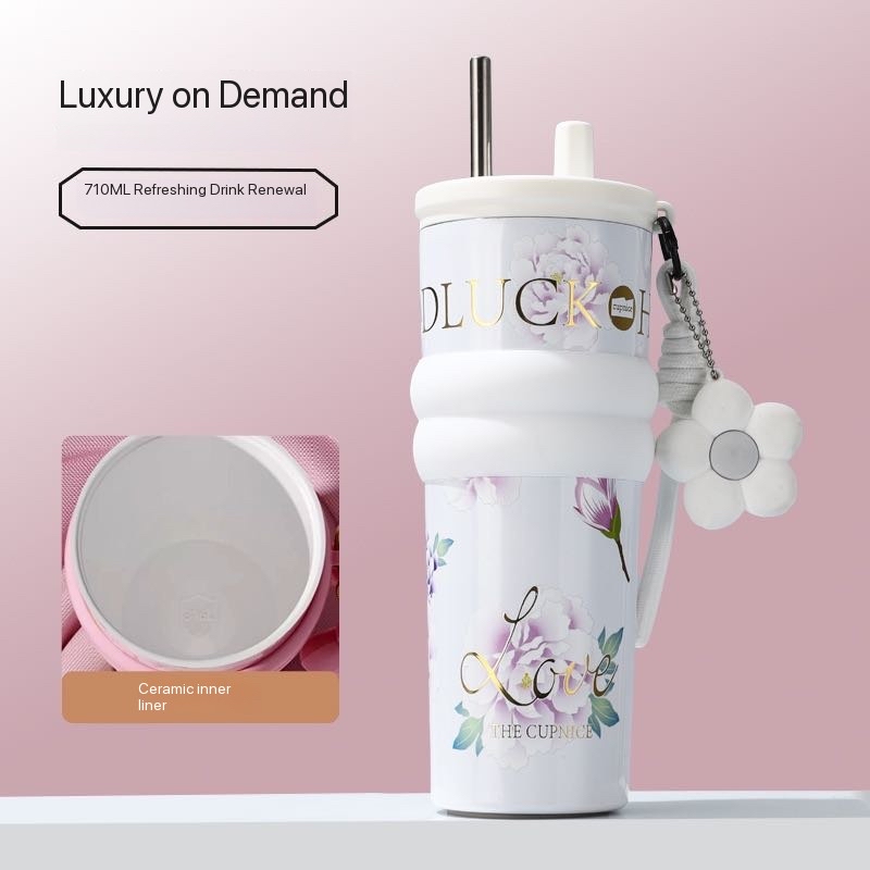 Floral pattern insulated water bottle, large capacity, stainless steel straw cup, perfect for use in the car or office.