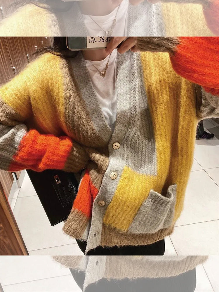 Lazy Wind Match Color Knitted Coat: Loose V-neck Fashion Mid-length Sweater Cardigan for Women