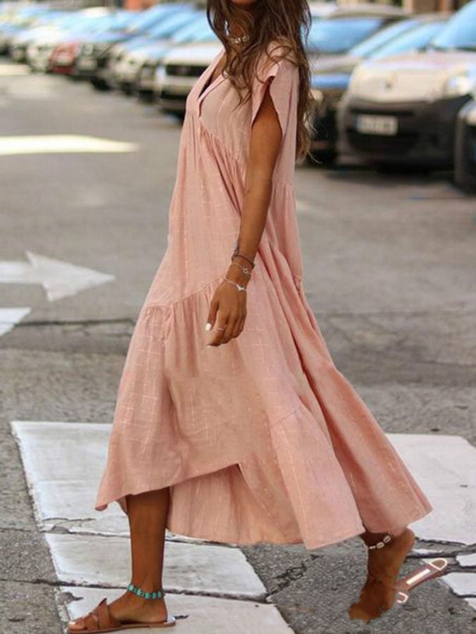 Solid Color V-Neck Short Sleeve Dress