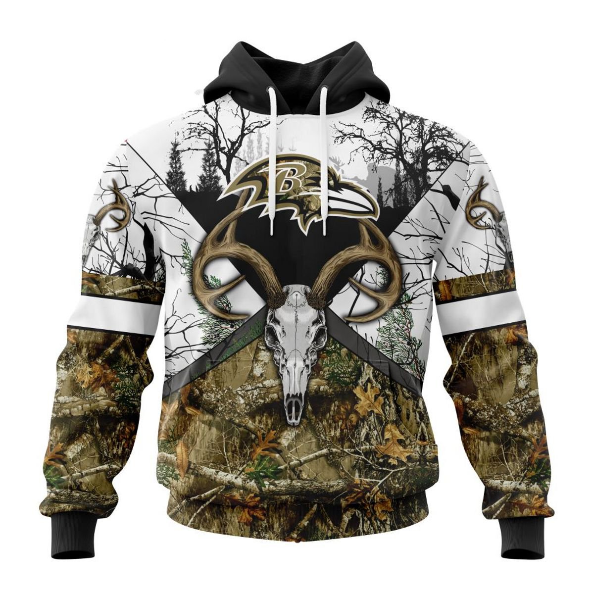 BALTIMORE RAVENS DEER SKULL AND FOREST 3D HOODIE