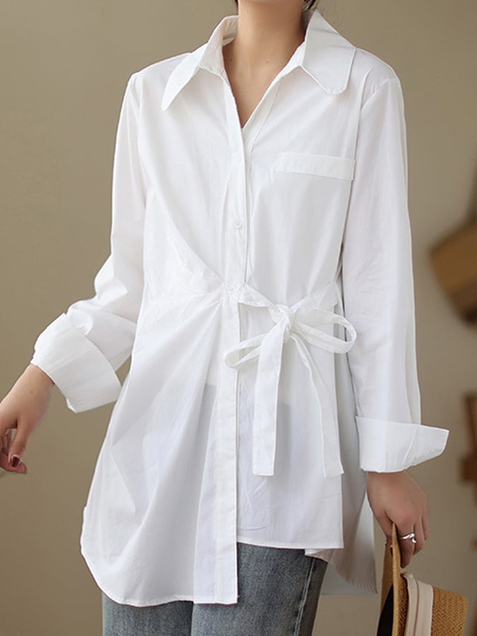 Women's Cotton Fashion Tie Waist Lapel Long Sleeve Shirt