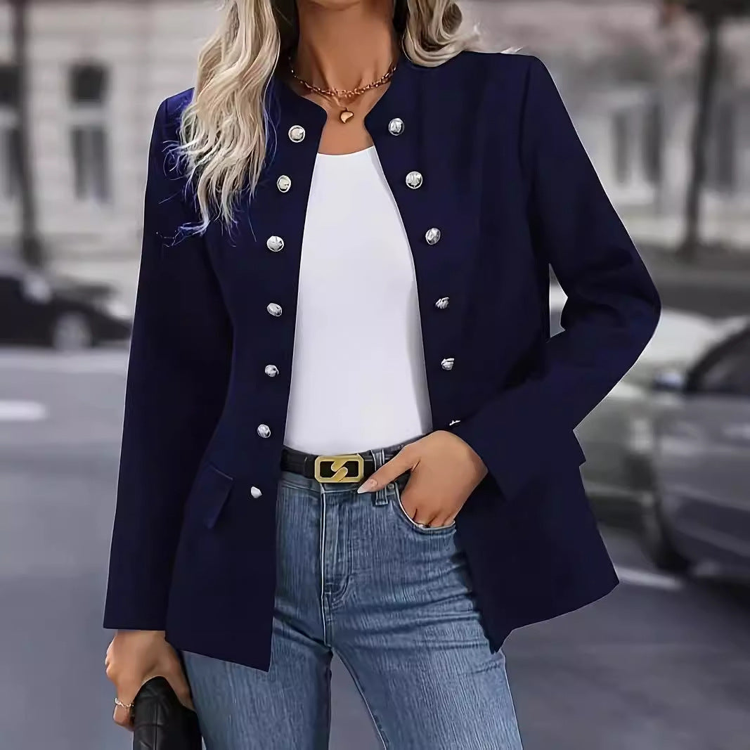 Solid Color Winter Fashion Double-Breasted Cardigan Jacket with Stand Collar