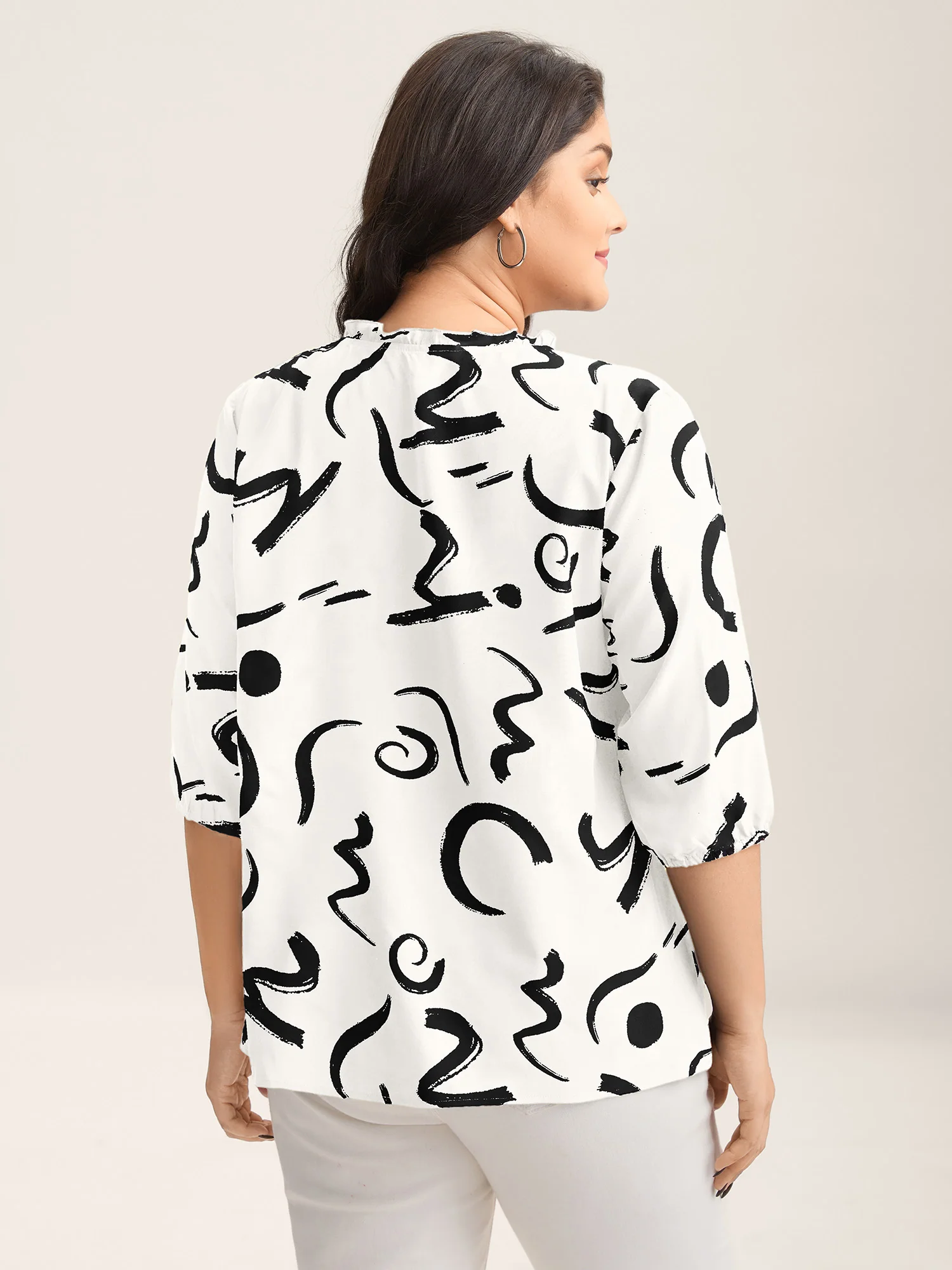 Scribble Print Ruffled Split Neck Blouse