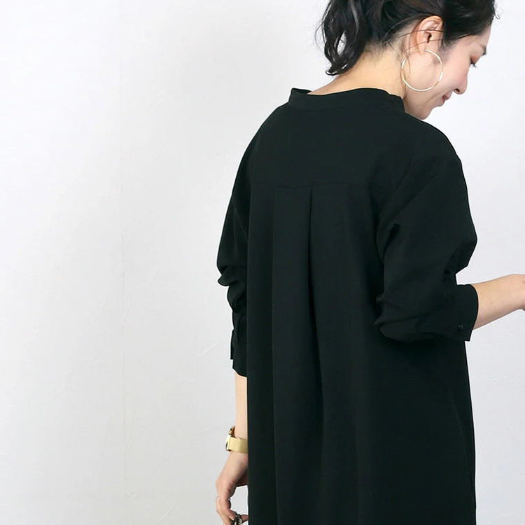 Autumn Winter Shirt Base Dress Women Solid Color Loose Casual V neck Maxi Dress