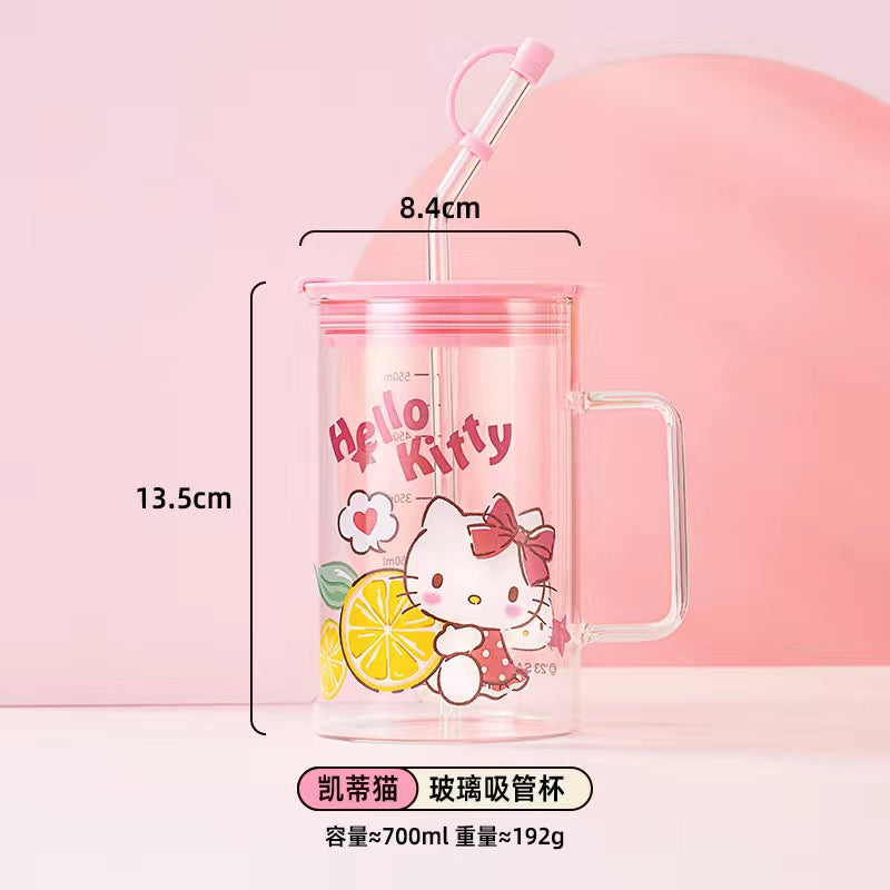 Sanrio Glass Mugs with Straws and Lids 23oz Drinking Glass Cups for Iced Coffee, Smoothie, Overnight Oats Containers