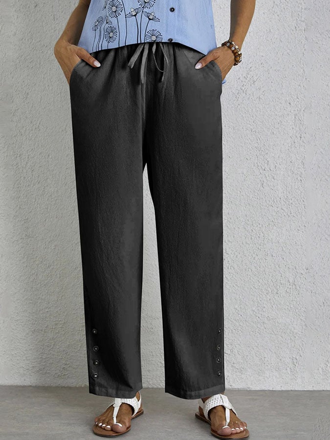 Casual Elegant Lace-Up With Pockets Buttons Lace Side Cotton Linen Trousers