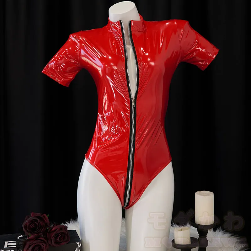 Crotchless Zipper PU Jumpsuit Lingerie Set