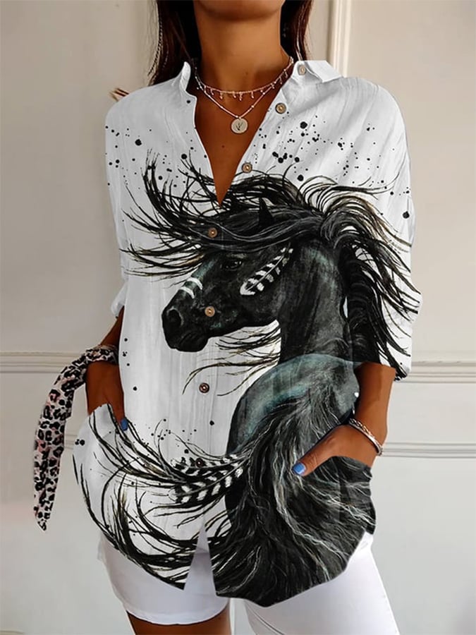 Women's Western Horse Print Casual Linen Blouse