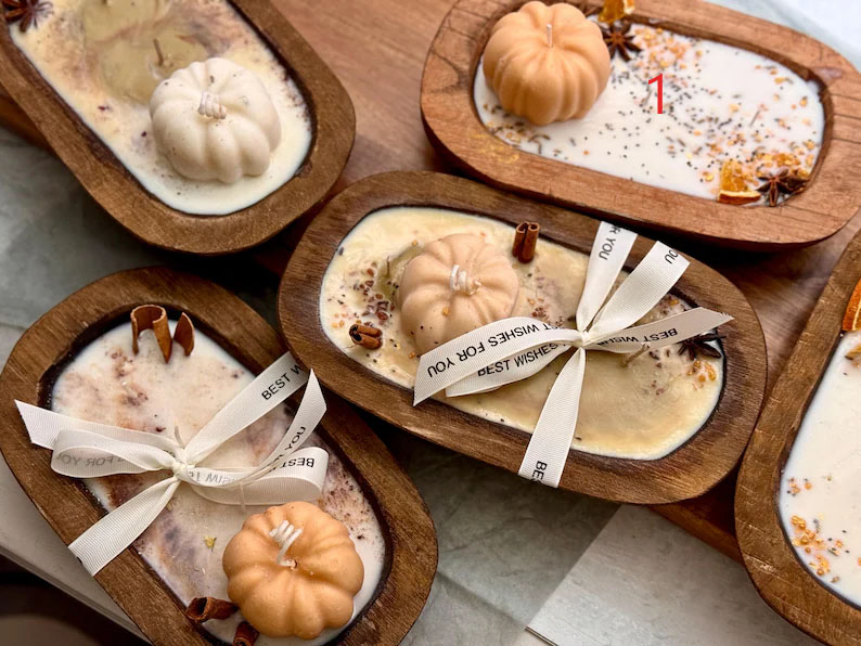 Wooden dough bowl Halloween Candles
