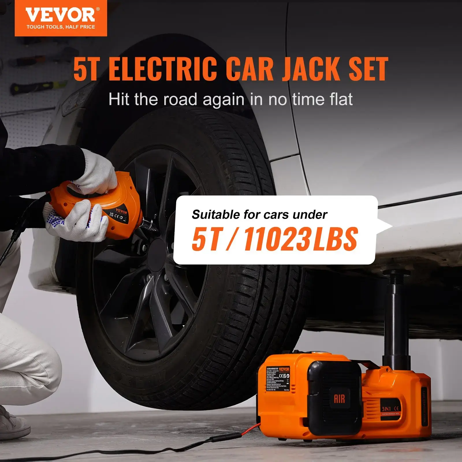 Electric Car Jack Set, Max 5 Ton/11023 LBS Hydraulic Jack/Scissor Jack  with Electric Impact Wrench, Built-in Inflatable Pump and LED Light, Portable Car Lift for SUV MPV Sedan Truck Change Tires Garage Repair