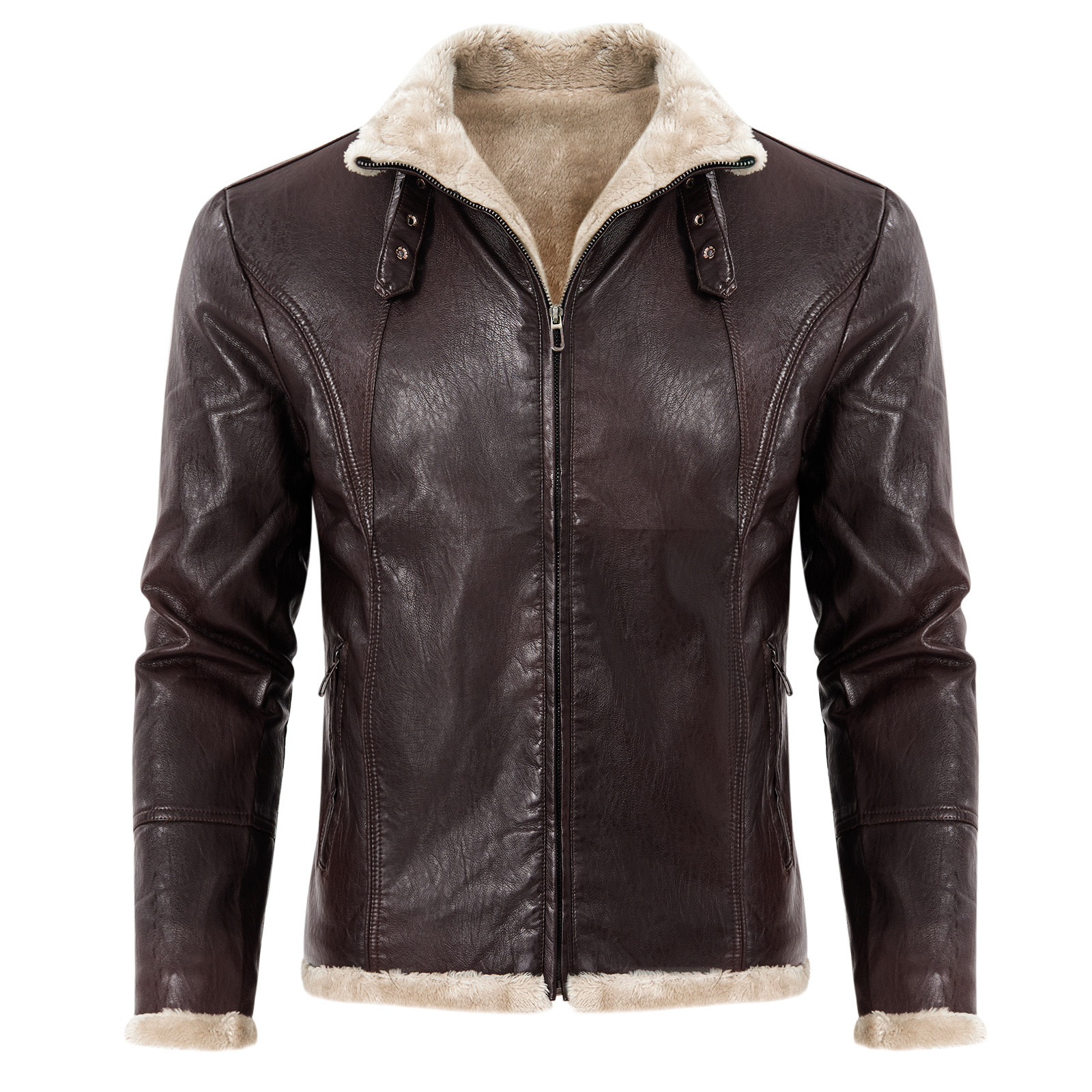 Men's Leather Jacket Zipper Winter Fleece Waterproof Motorcycle Biker Coats