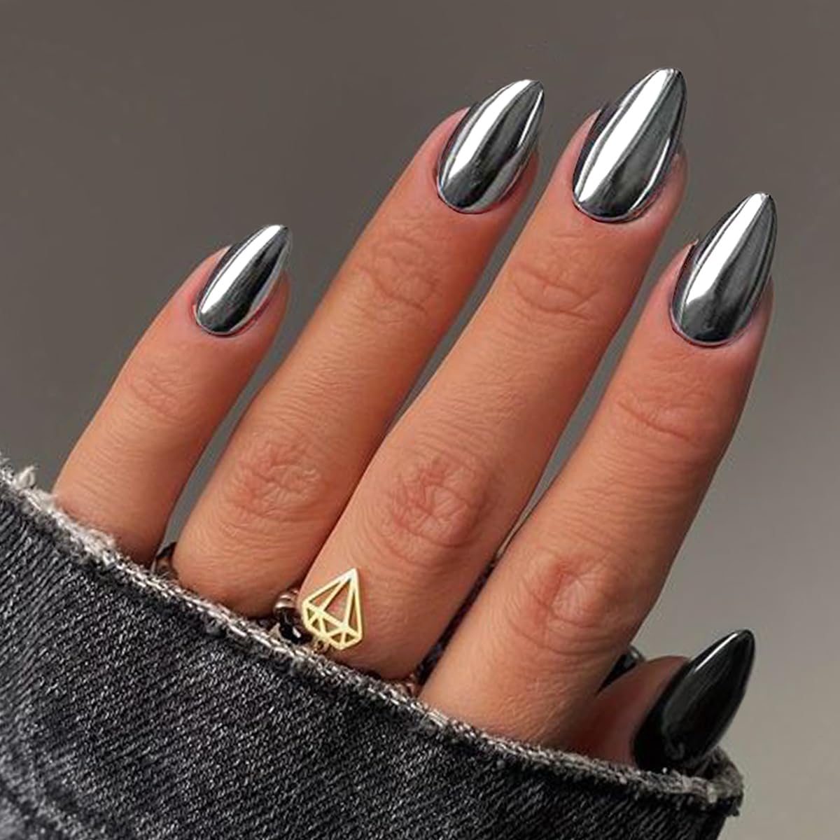 24Pcs Metal Chrome Press on Nails Medium Almond Fake Nails