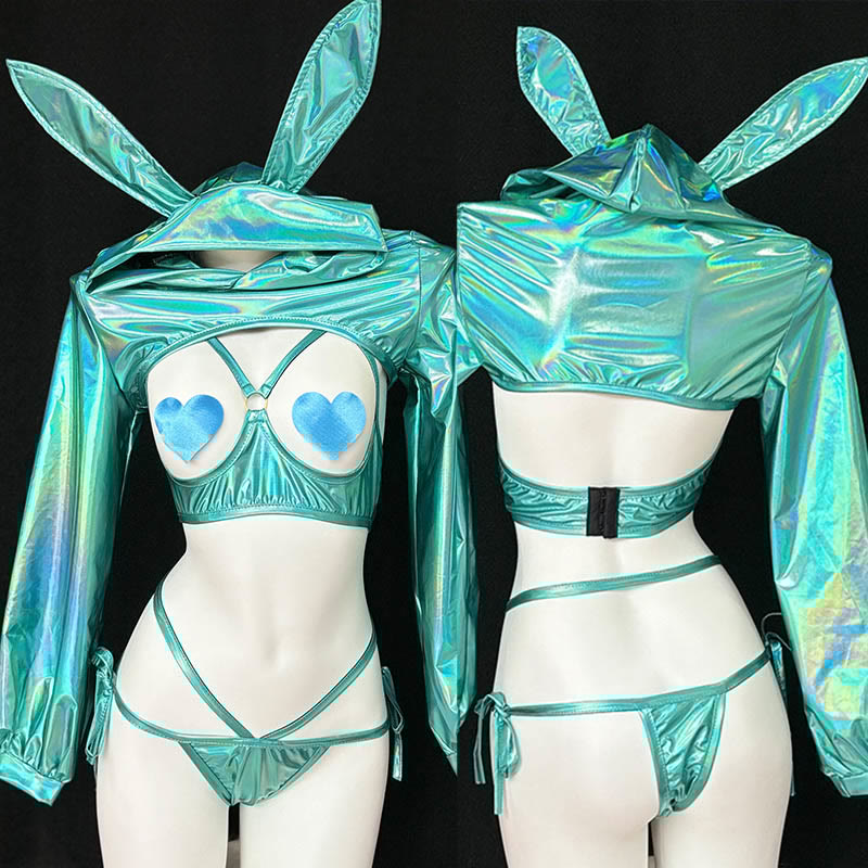Cosplay Rabbit Laser Reflective Top Hollow Uniform Lingerie Set