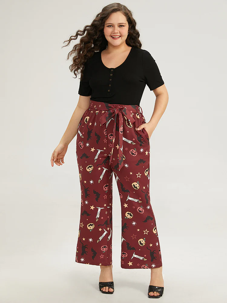 Halloween Graphic Belted Flare Leg Pants