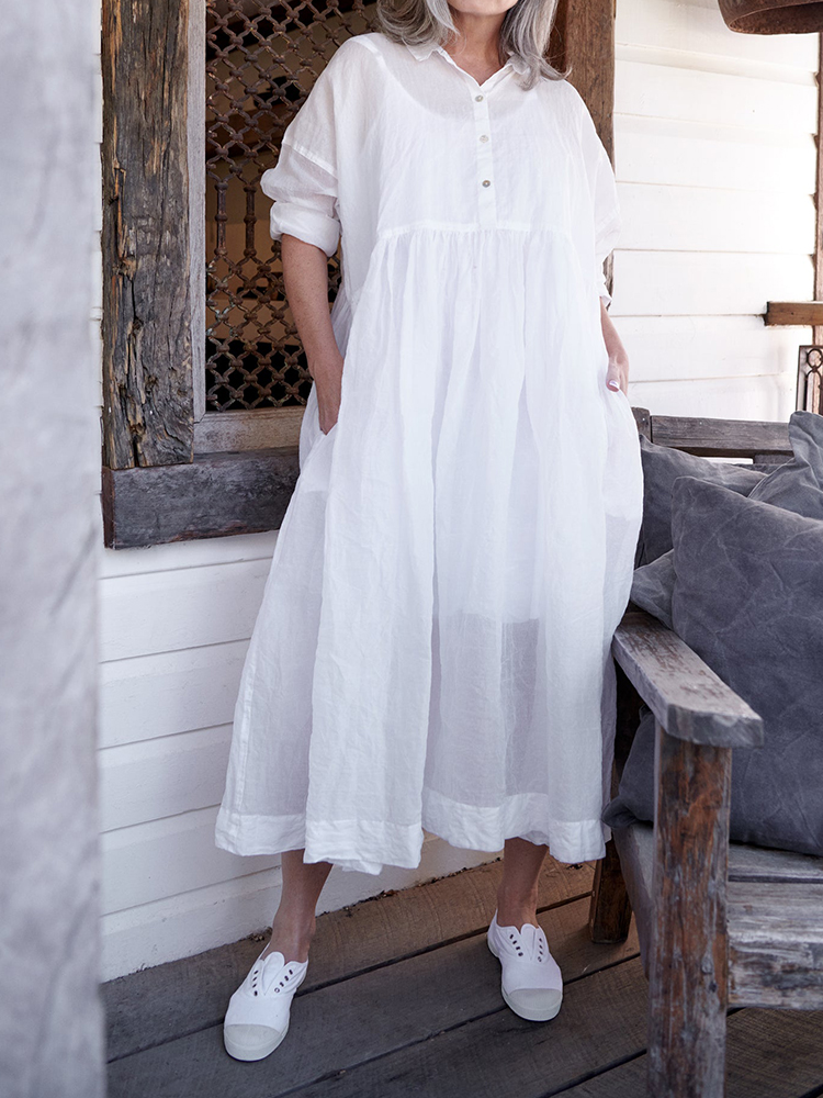 Vintage Pockets Pleated Oversize Maxi Dress