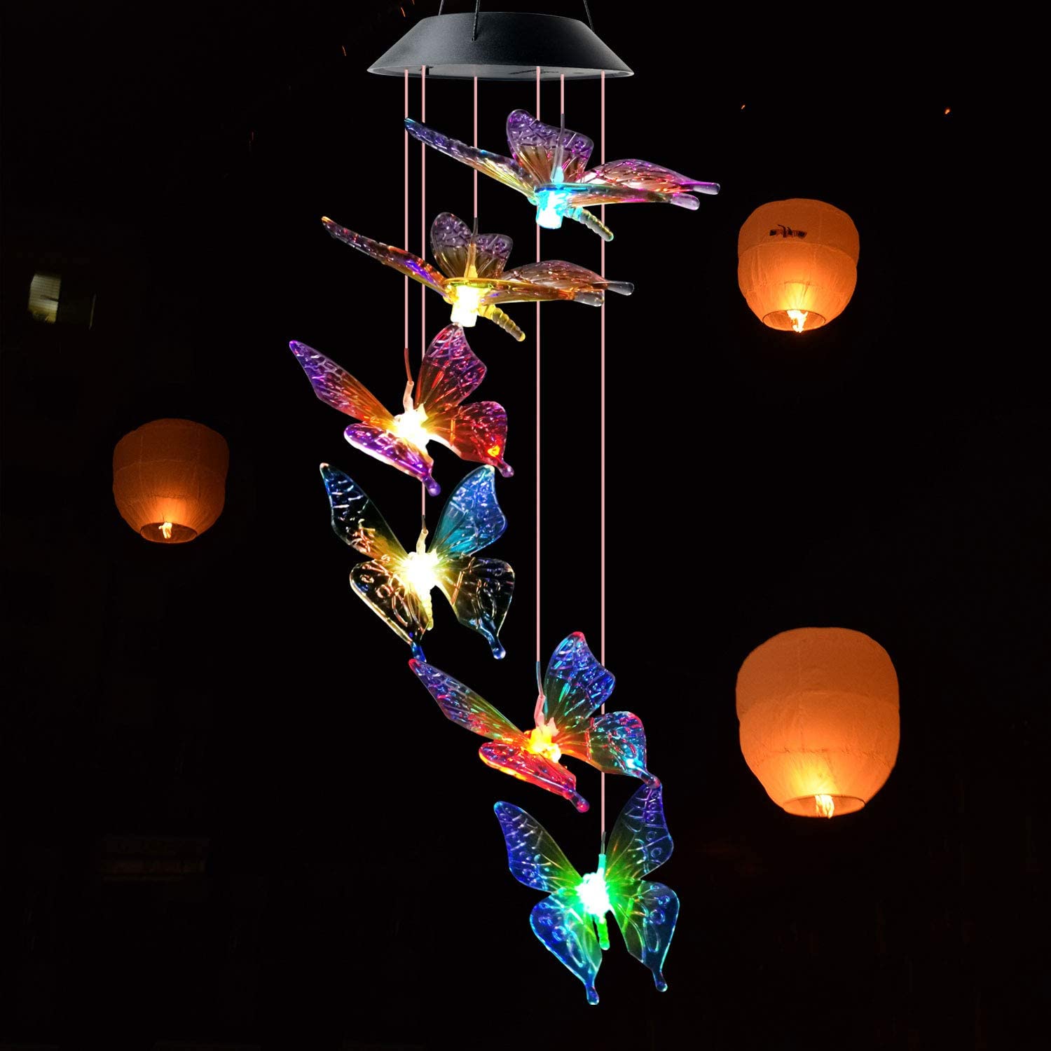 Colorful Butterfly Solar Wind Chimes Outdoor Color Changing Mobile Solar Hanging Light
