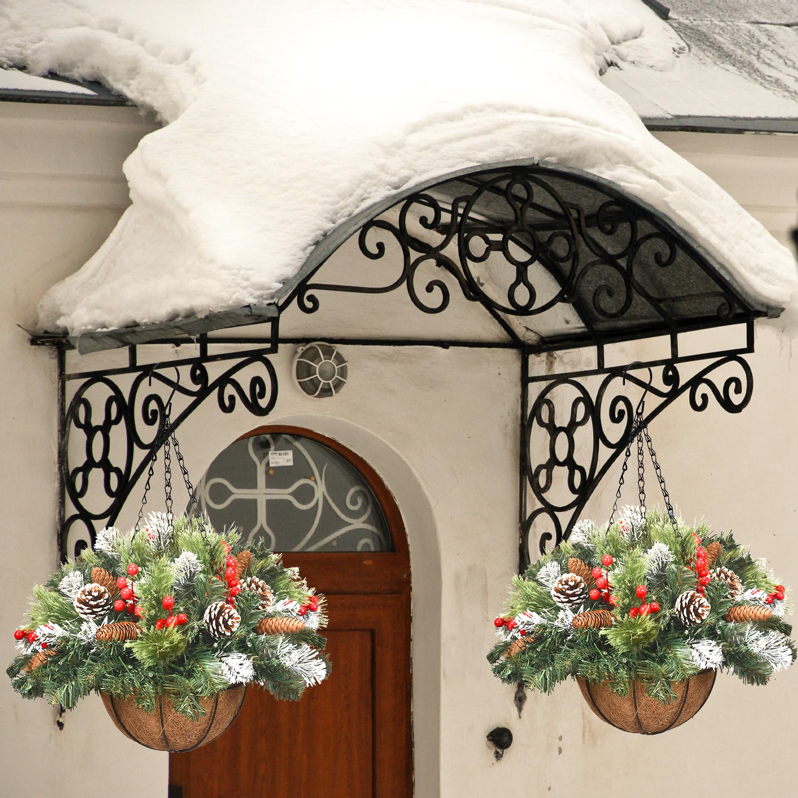🔥Last Day 50% OFF🔥Pre-lit Artificial Christmas Hanging Basket - Flocked with Mixed Decorations and White LED Lights - Frosted Berry