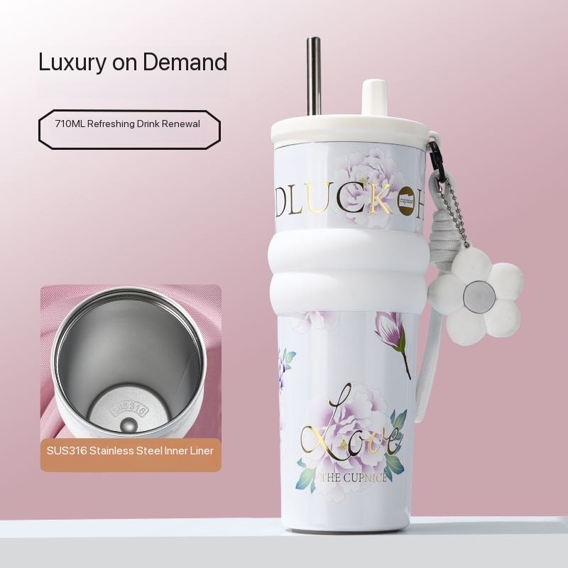 Floral pattern insulated water bottle, large capacity, stainless steel straw cup, perfect for use in the car or office.