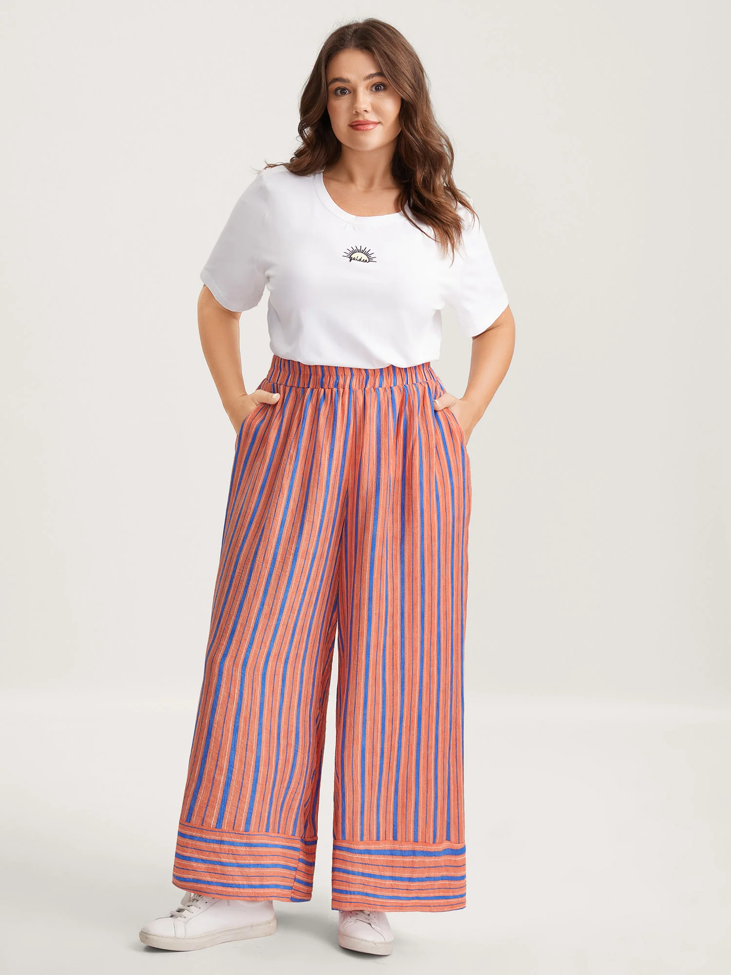 Soft Stripes Stretchy Waist Wide-Leg Pants