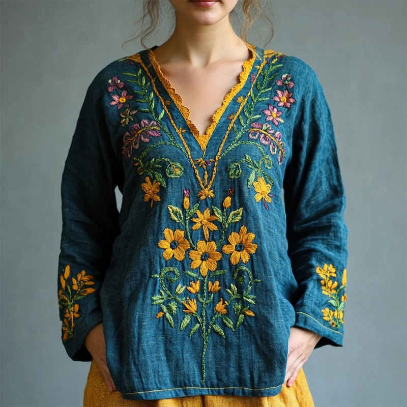 Vintage Floral Embroidered V Neck Linen Blend Tunic