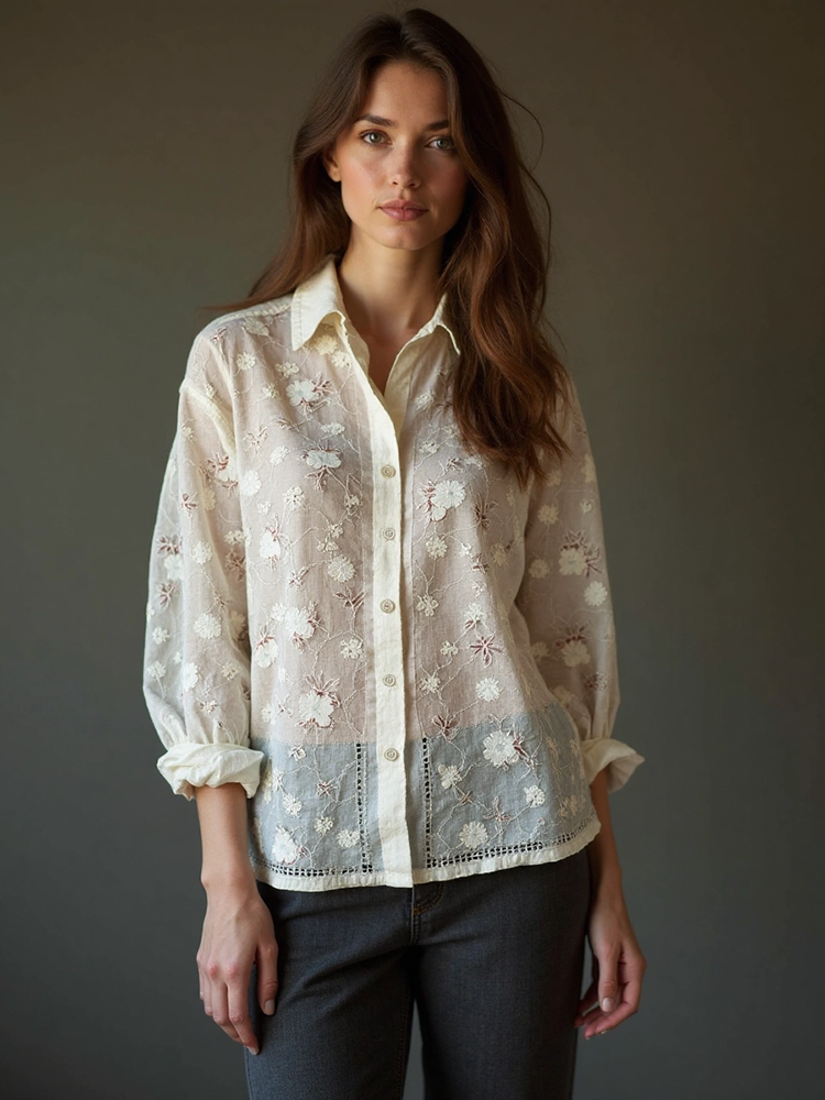 Women's Floral Lace Embroidery Art Long Sleeve Shirt