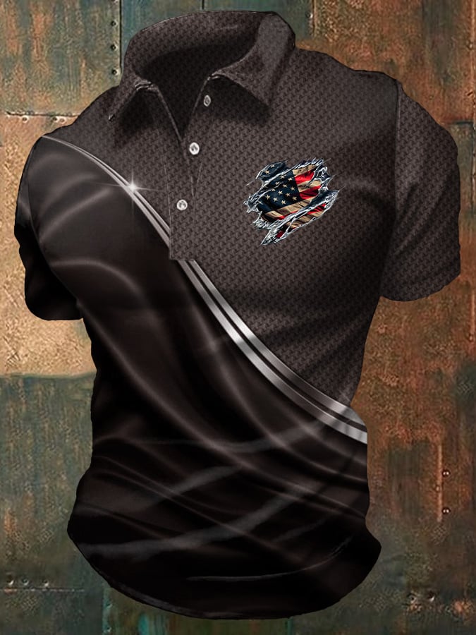 Men's Casual Independence Day Flag Print Polo Shirt